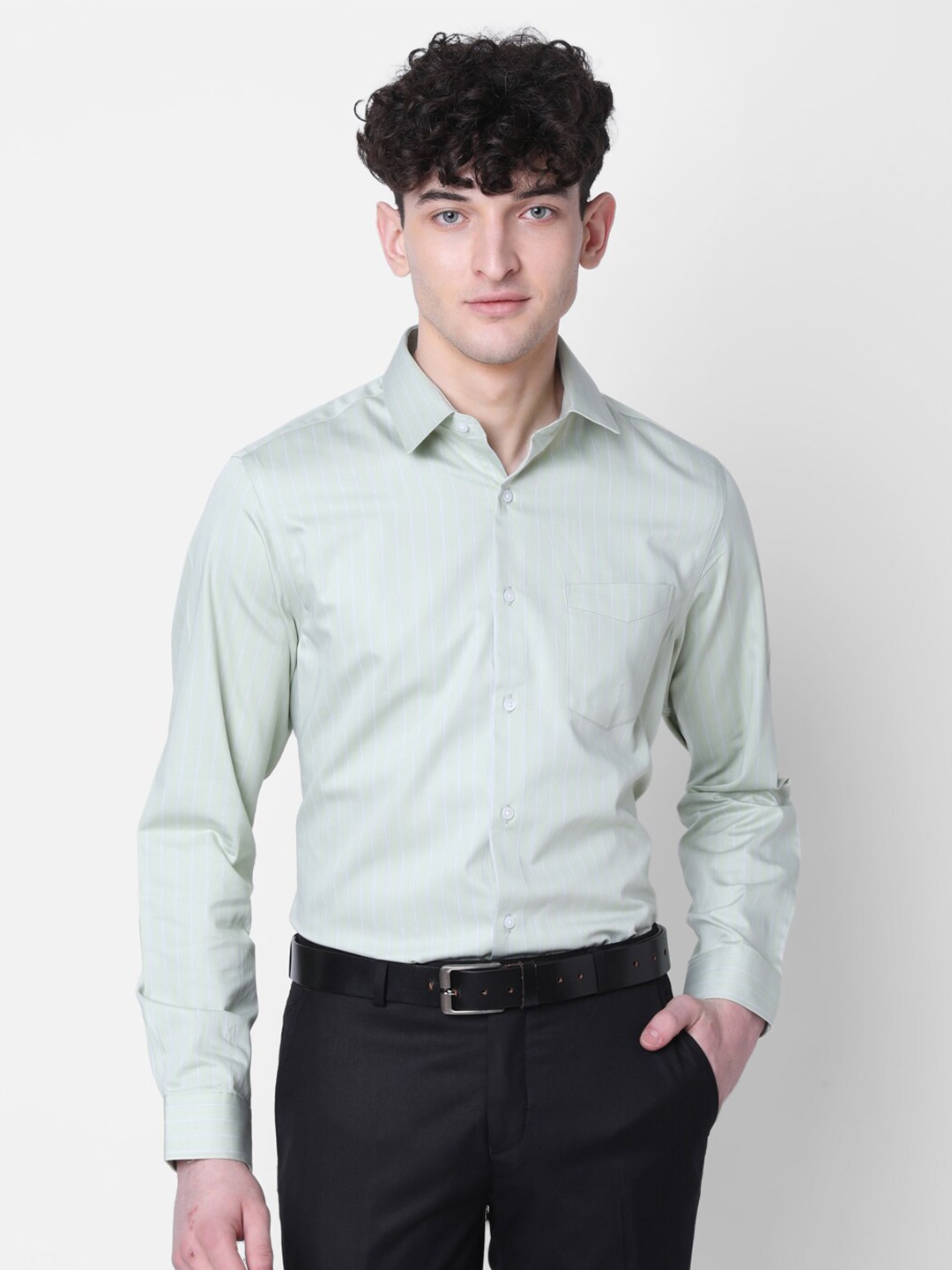 

J Hampstead Classic Vertical Striped Cotton Formal Shirt, Green