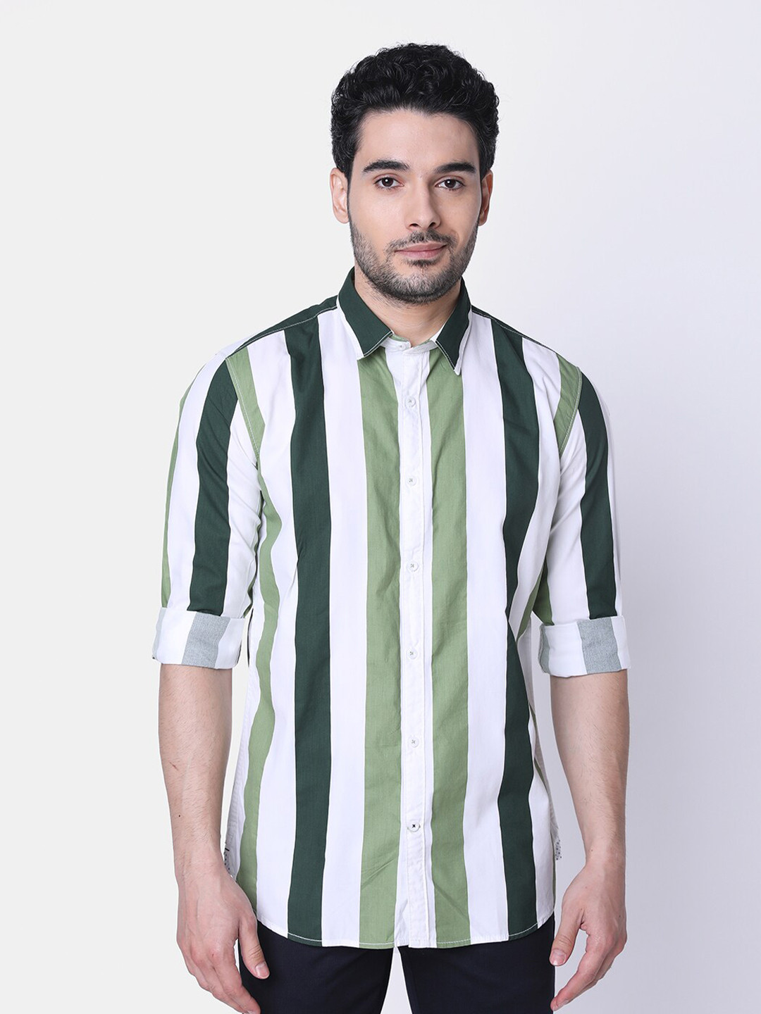 

J Hampstead Classic Vertical Striped Cotton Slim Fit Casual Shirt, Green