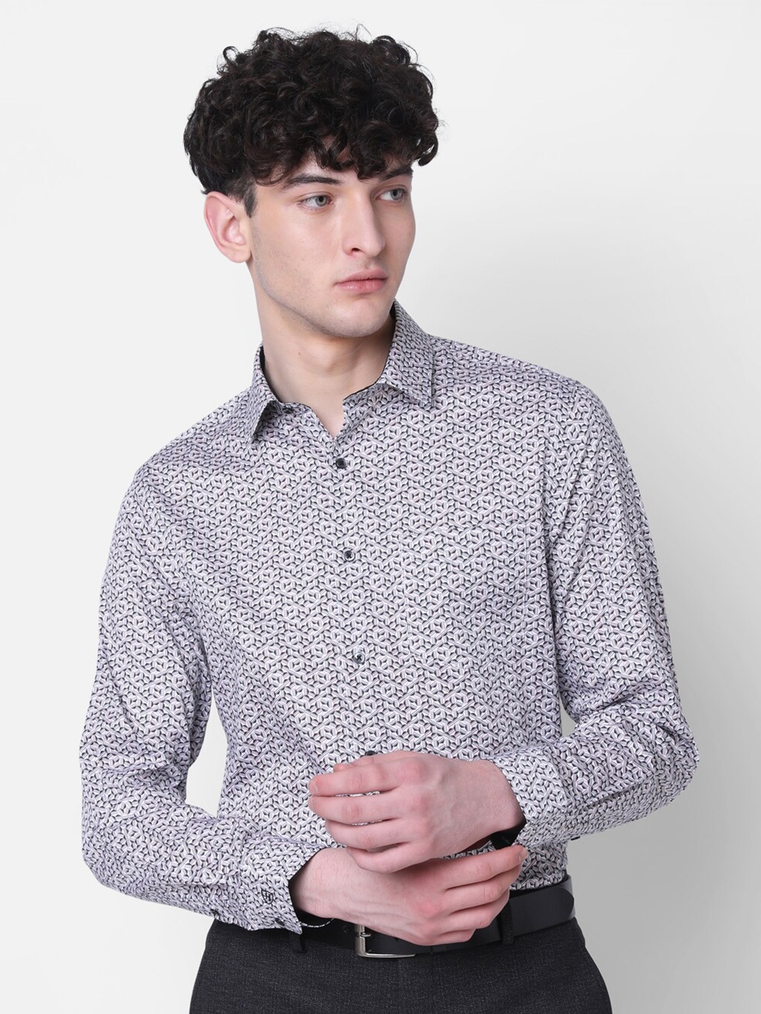 

J Hampstead Classic Geometric Printed Spread Collar Cotton Slim Fit Formal Shirt, Grey