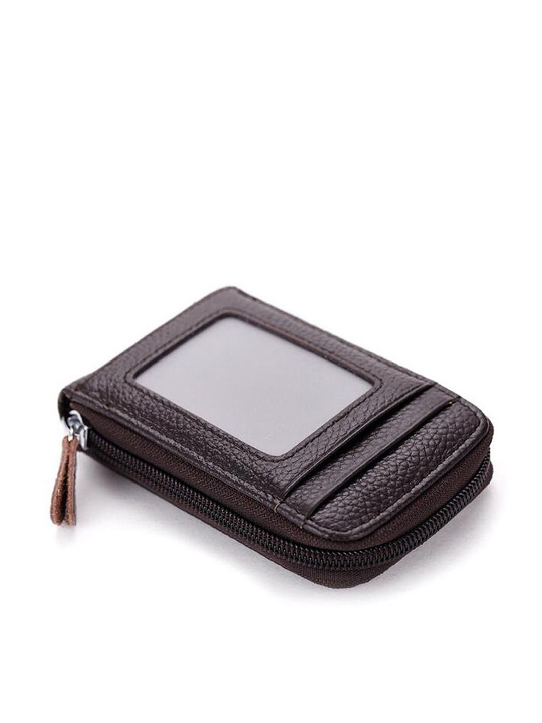 

CONTACTS Short Leather Slim Zipper Card Holder, Brown