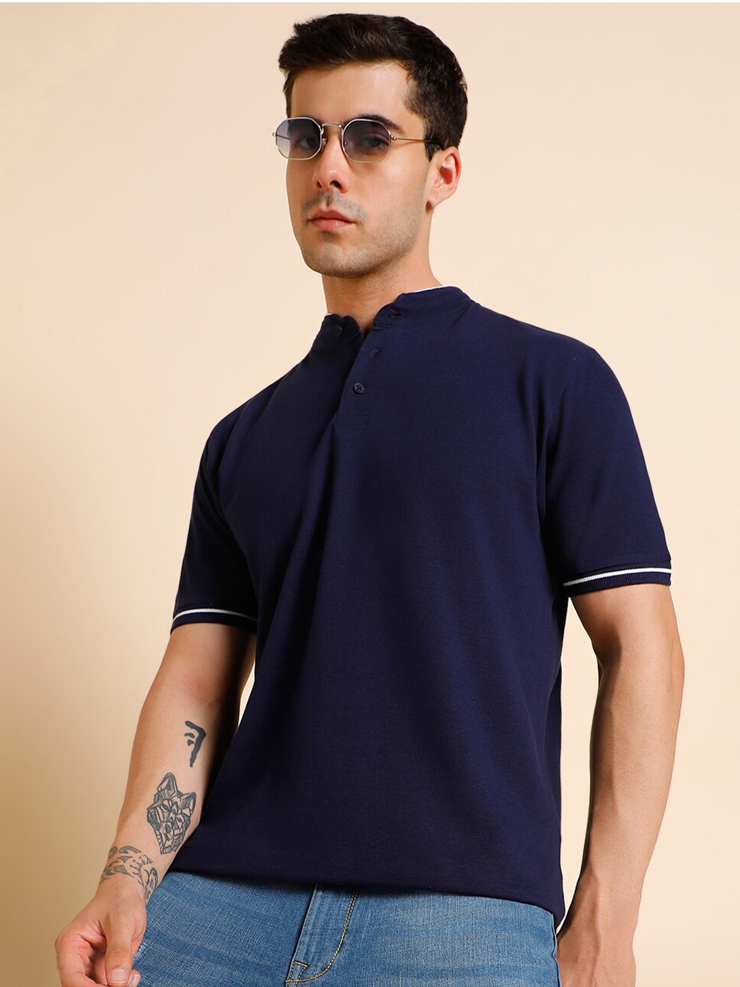 

Dennis Lingo Henley Neck Slim Fit Cotton T-Shirt, Navy blue
