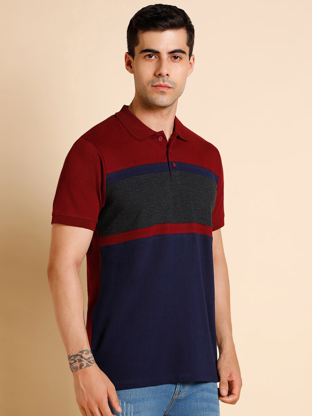 

Dennis Lingo Colourblocked Polo Collar Regular Fit Pure Cotton T-Shirt, Maroon