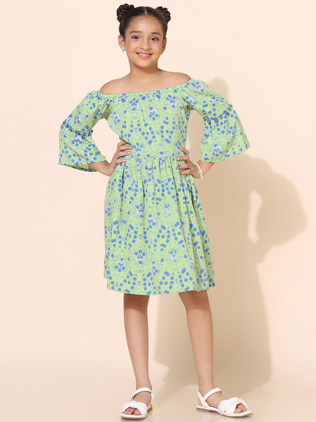 

FASHION DREAM Girls Floral Printed Square Neck Fit & Flare Dress, Green