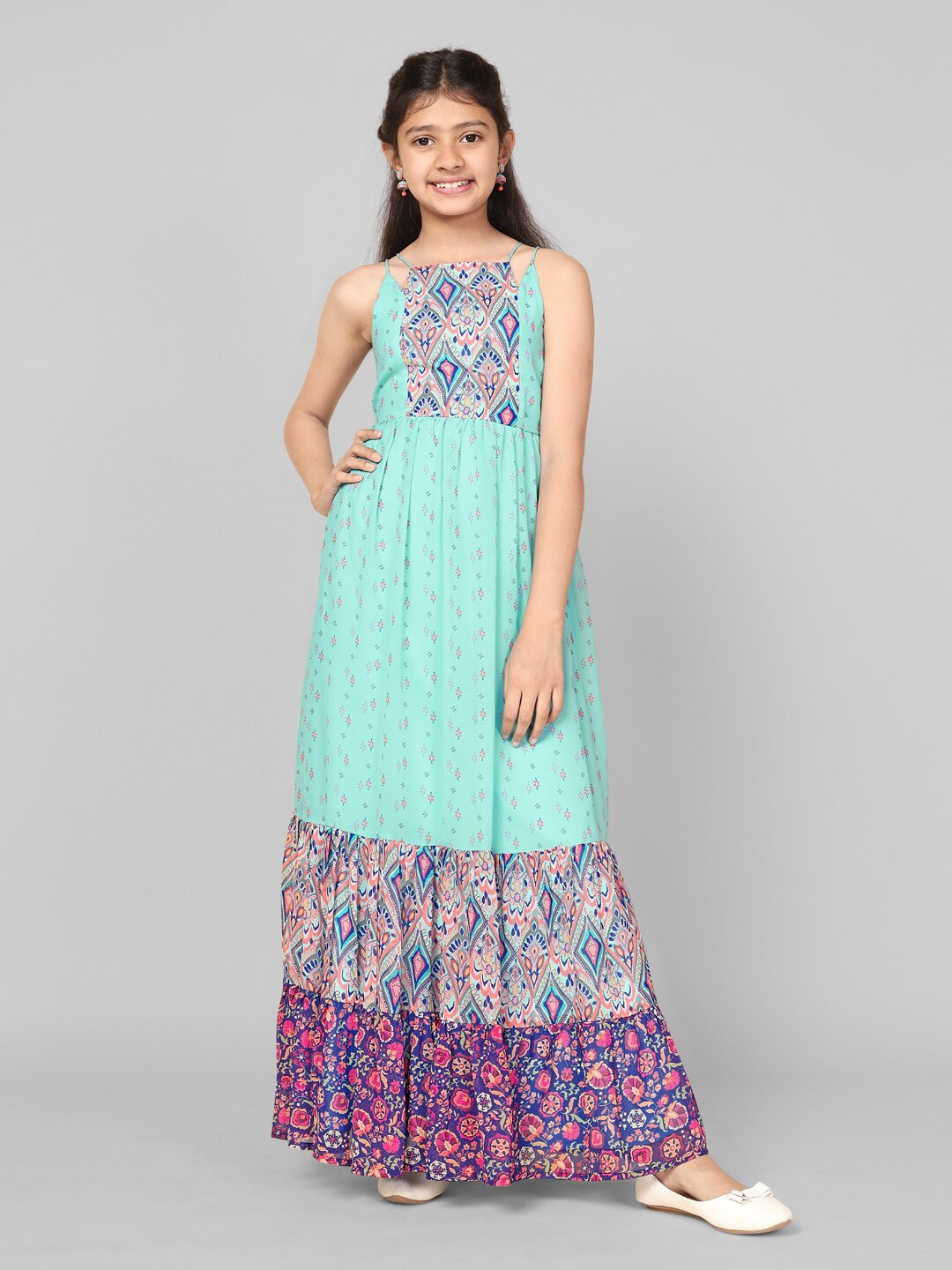 

FASHION DREAM Floral Print Gathered Georgette Tiered A-Line Maxi Dress, Blue