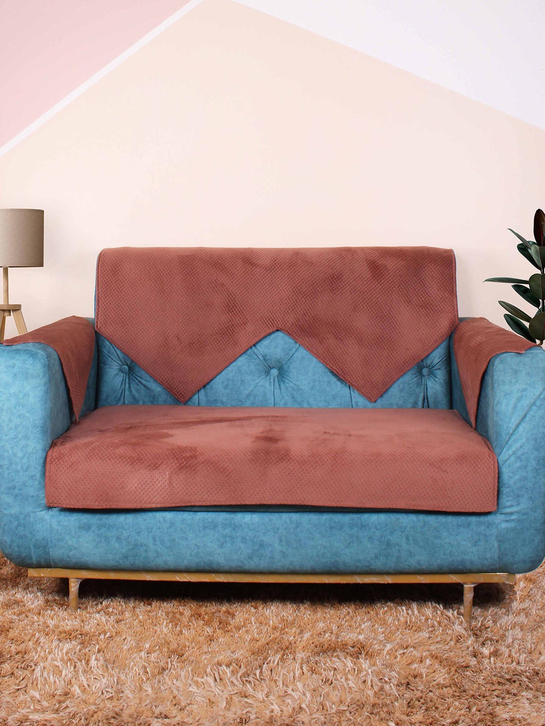 

STITCHNEST Coral Pink Textured Velvet 1-Seater Sofa Cover With Arms, Rust