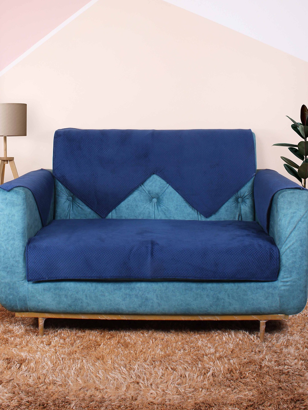 

STITCHNEST Blue Textured 2-Seater Sofa Cover With Arms