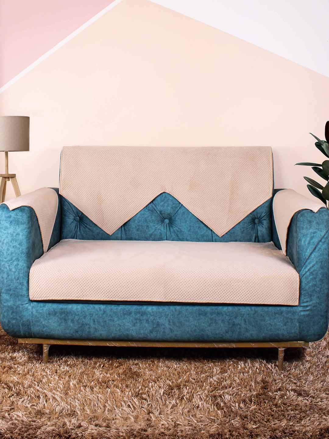 

STITCHNEST Beige Textured 2-Seater Velvet Sofa Cover With Arms