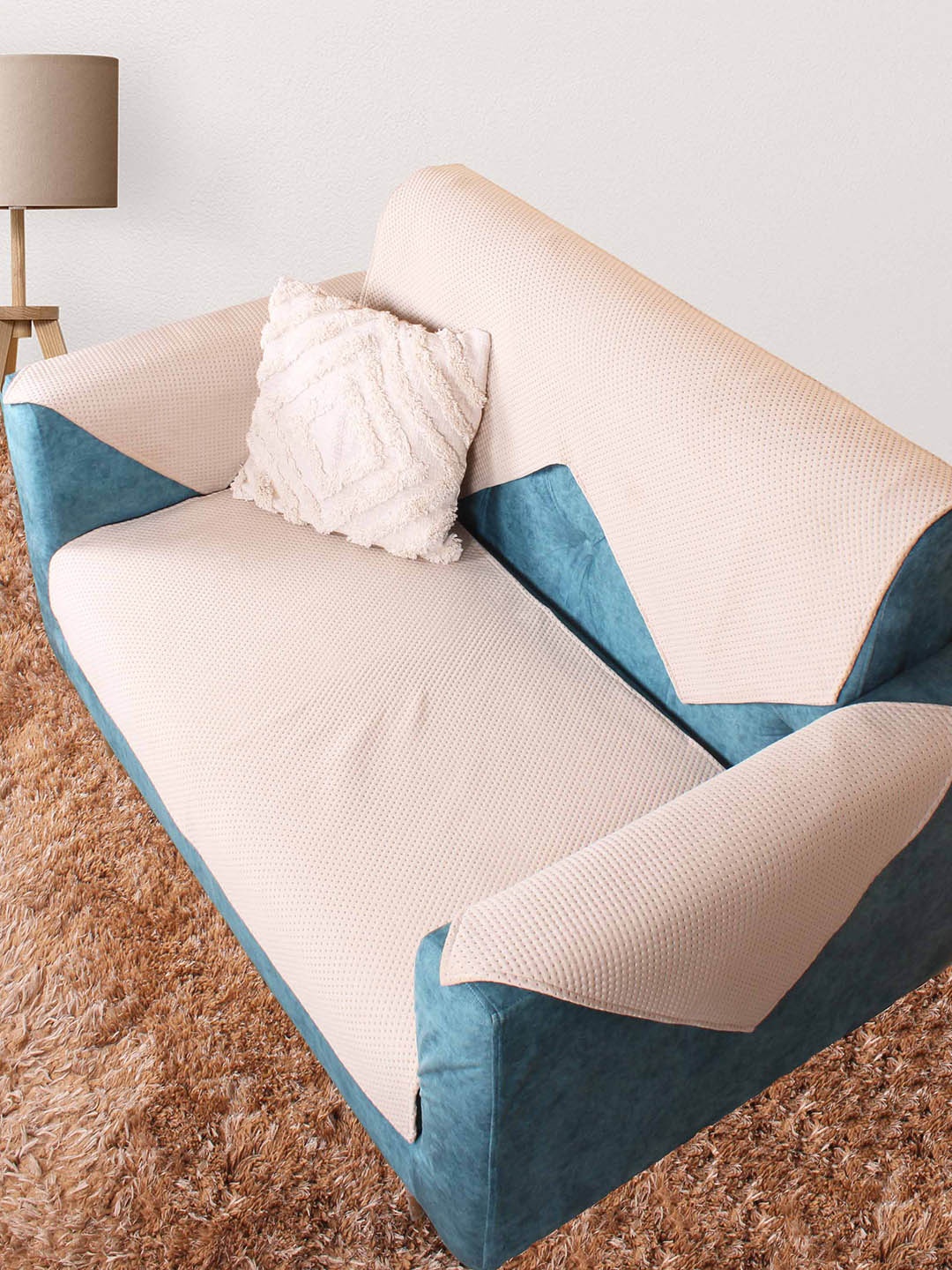 

STITCHNEST Beige Textured Velvet 1-Seater Sofa Cover With Arms