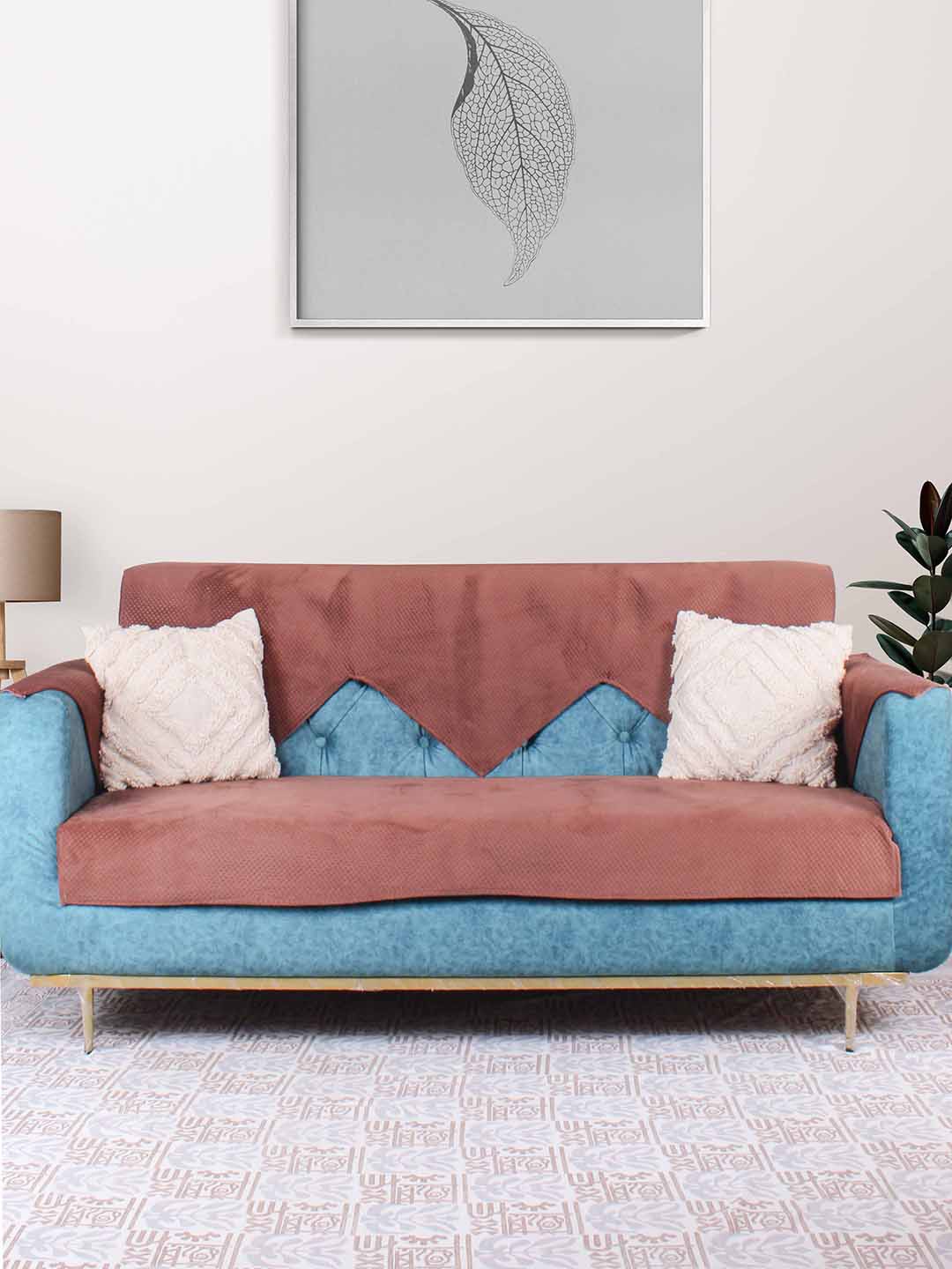 

STITCHNEST Rust-Colored Textured 3-Seater Sofa Cover With Arms