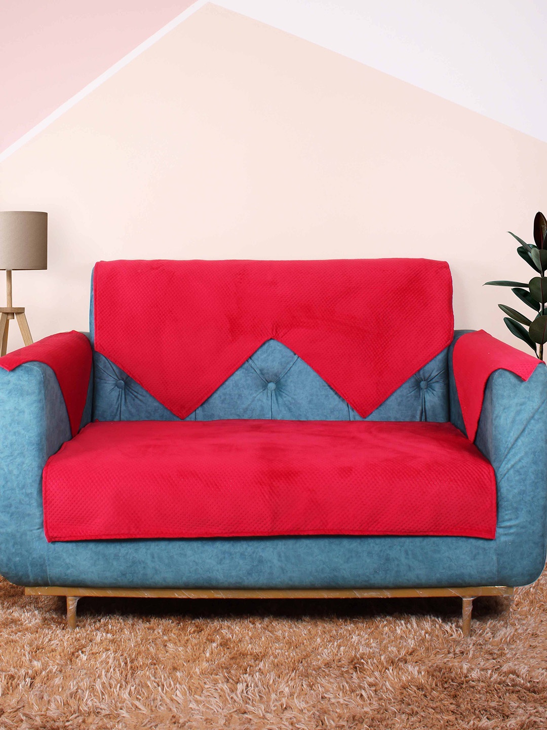 

STITCHNEST Red Textured Velvet 2-Seater Sofa Cover With Arms