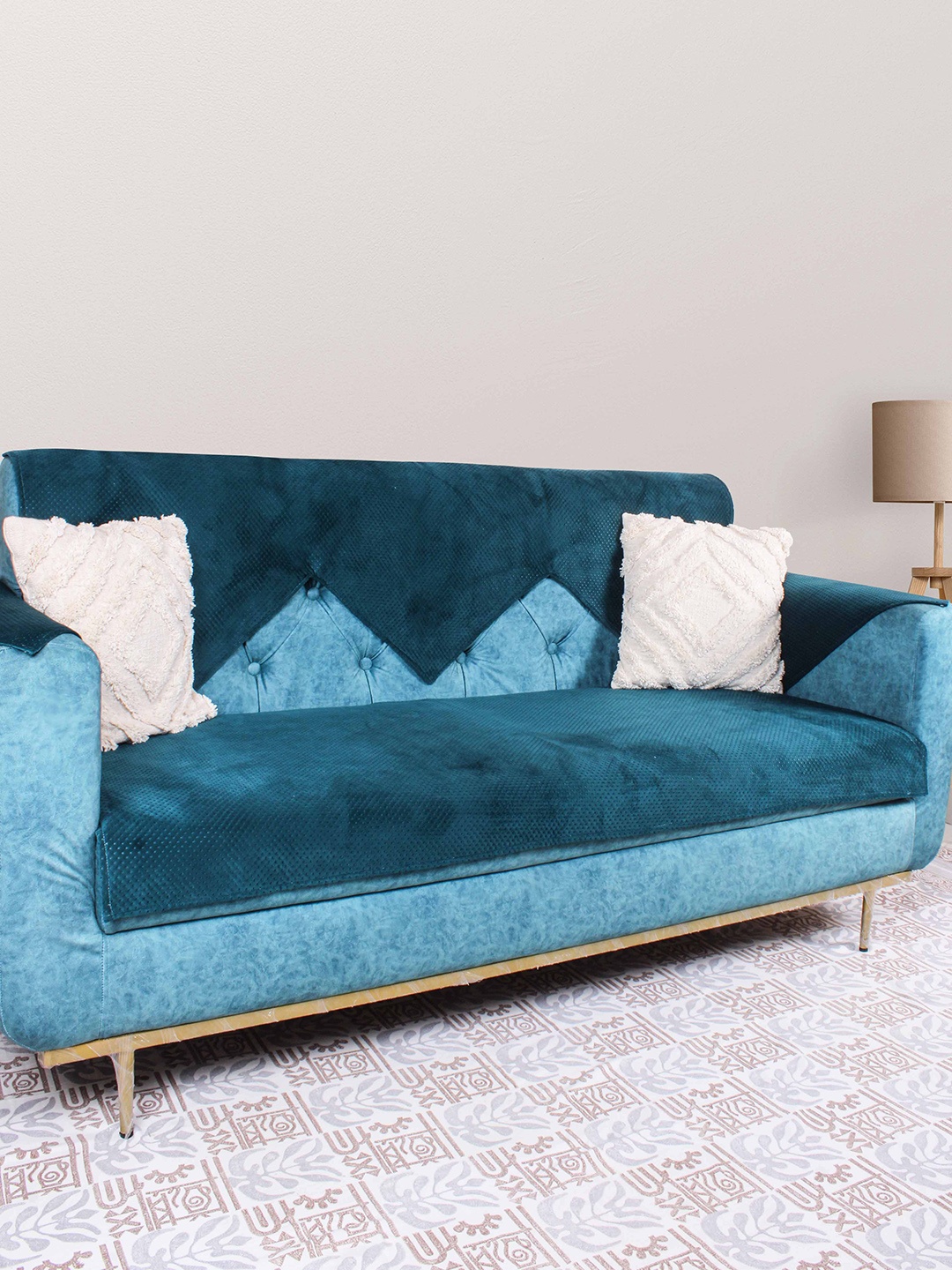 

STITCHNEST Green Quilted Velvet 3-Seater Sofa Cover With Arms