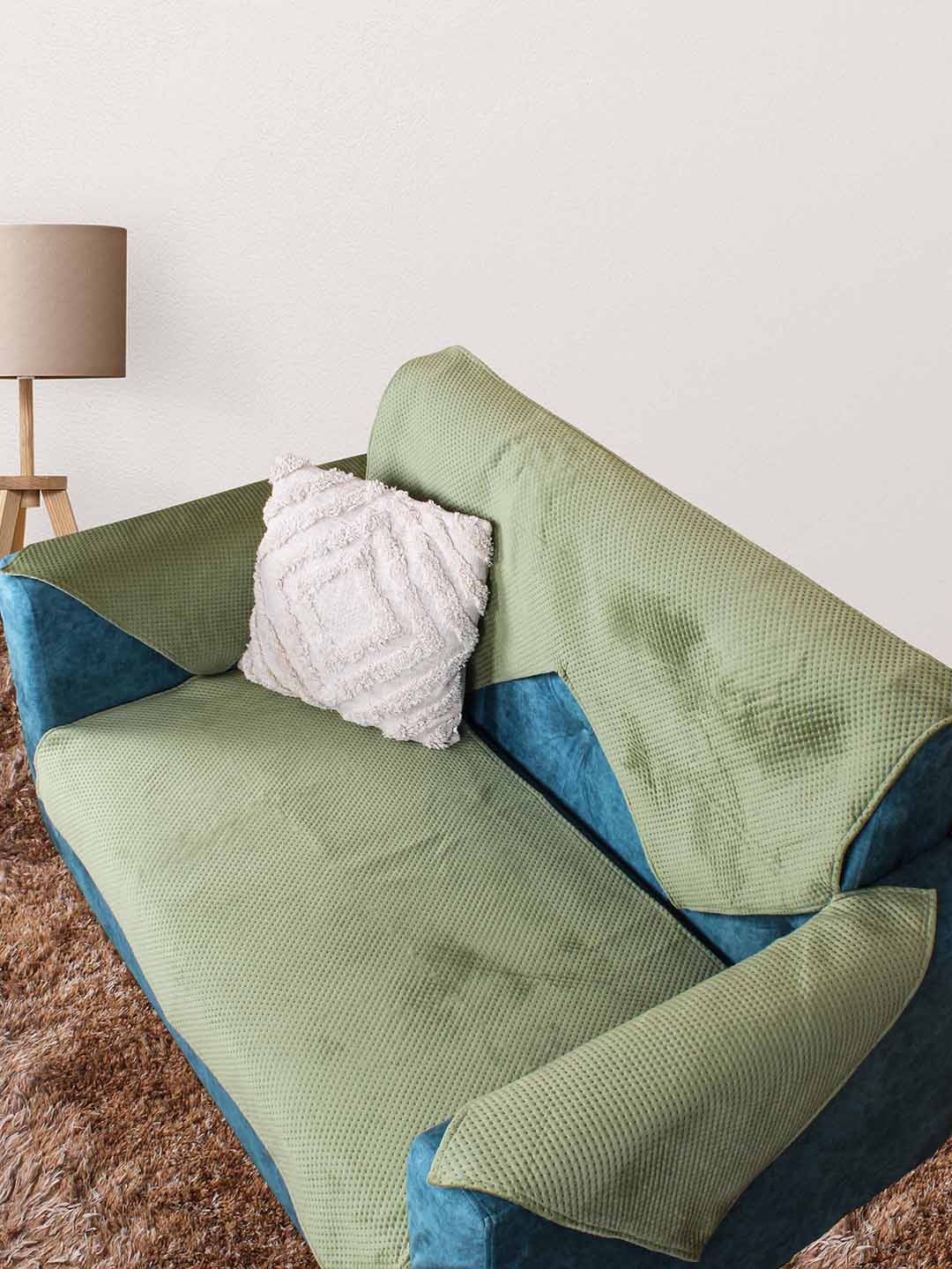 

STITCHNEST Olive Green Quilted Velvet 2-Seater Sofa Cover With Arms
