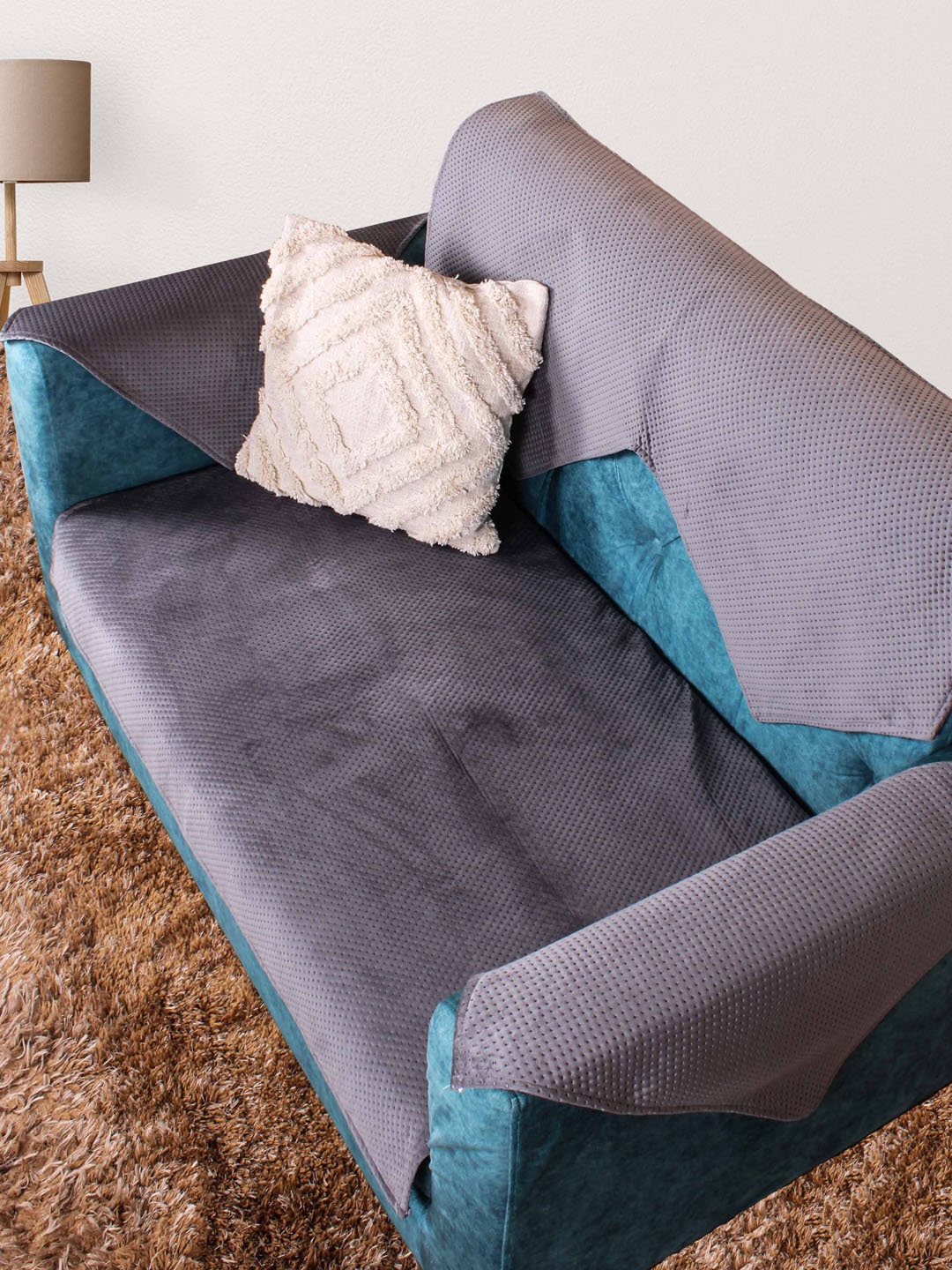 

STITCHNEST Grey Textured Velvet 2-Seater Sofa Cover With Arms