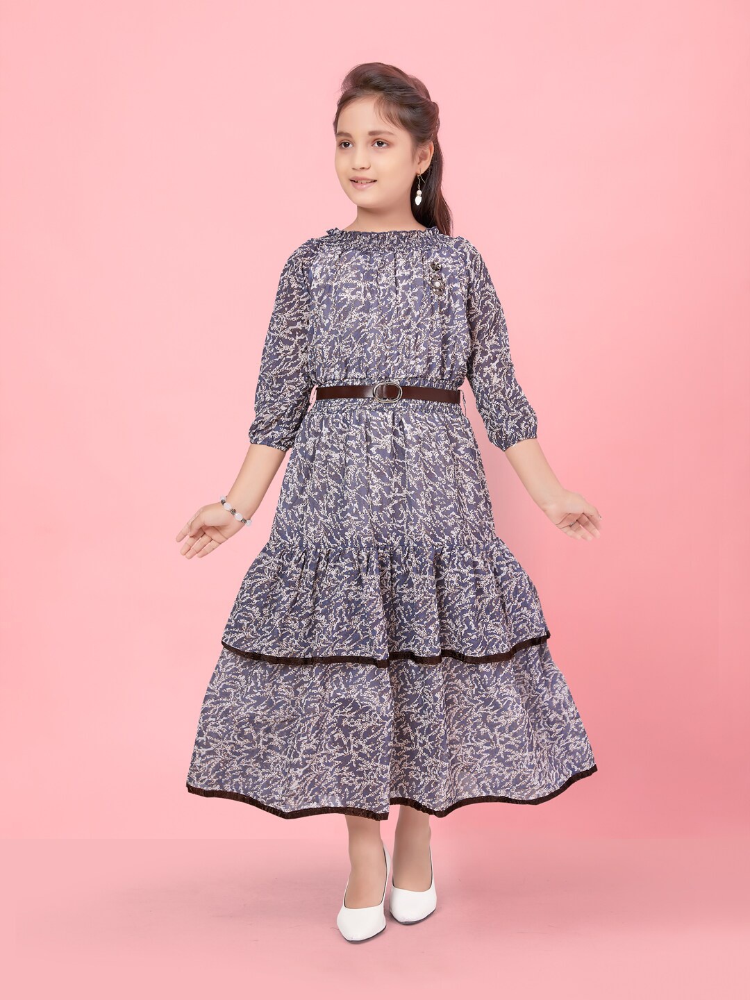 

Aarika Girls Floral Printed Layered Fit & Flare Dress With belt, Grey