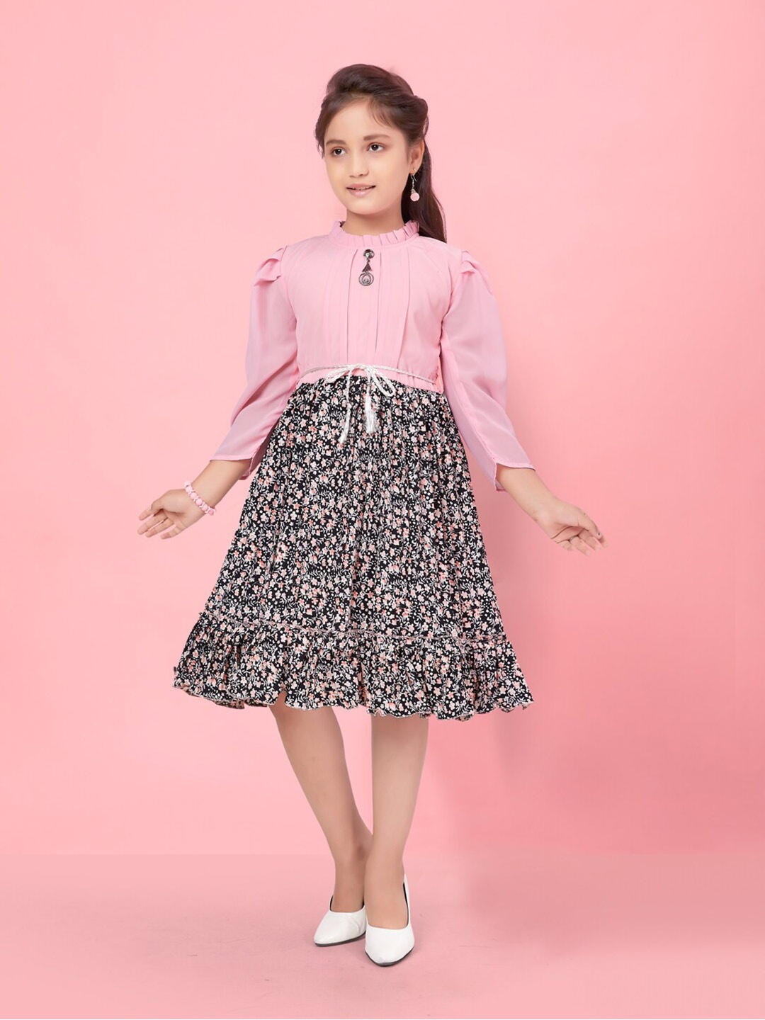 

Aarika Girls Floral Printed High Neck Puff Sleeves Fit & Flare Dress, Pink