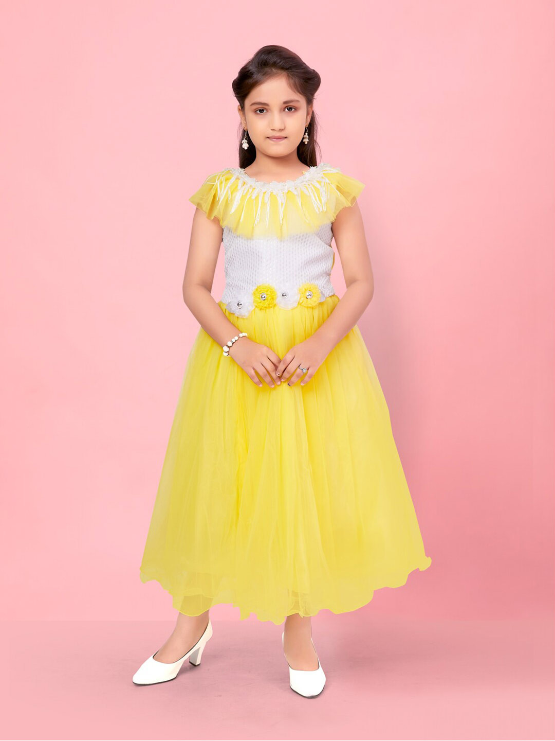 

Aarika Girls Self Design Cape Sleeves Corsage Fit & Flare Midi Dress, Yellow