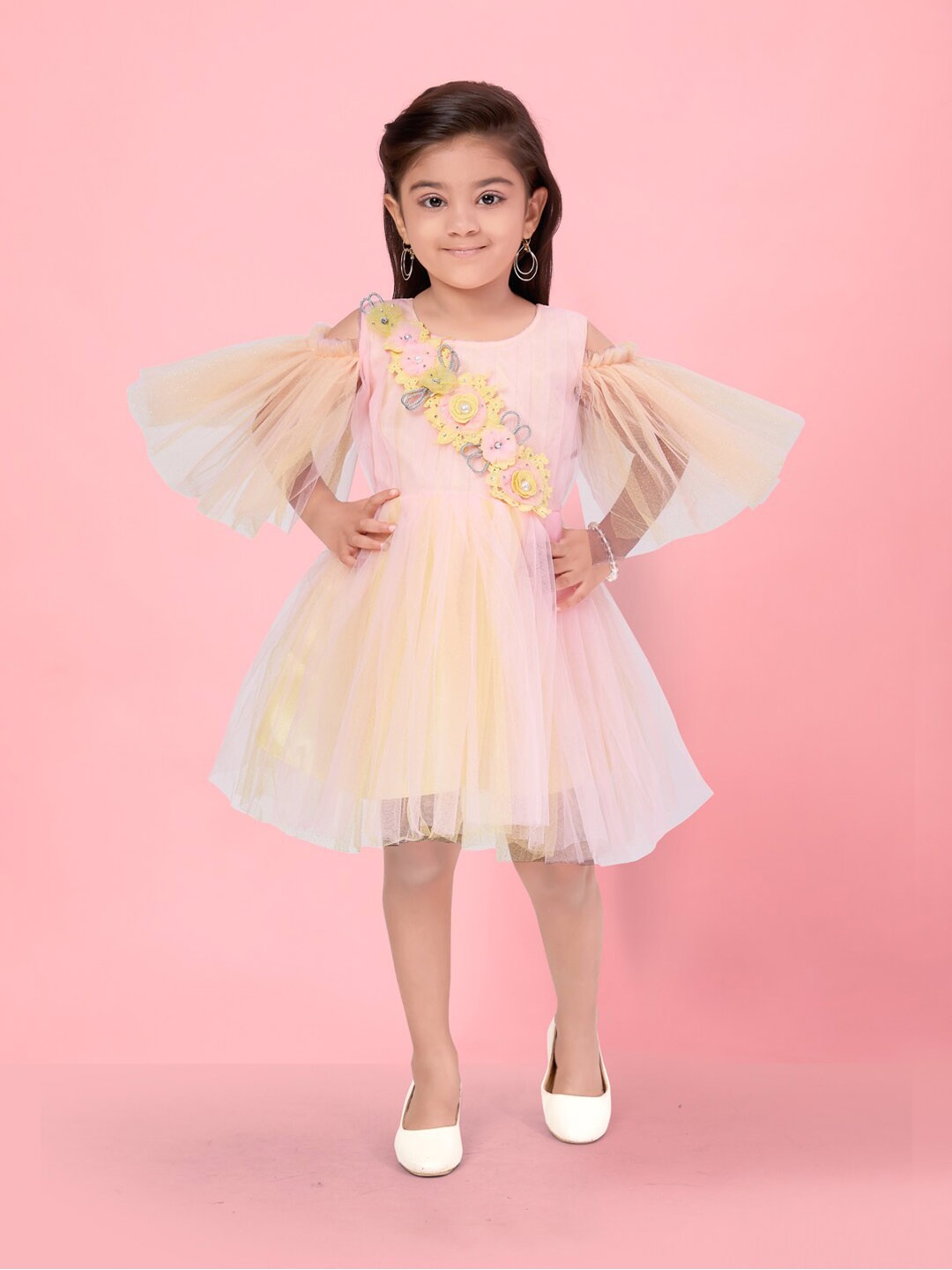 

Aarika Girls Embellished Cold-Shoulder Flared Sleeves Net Fit & Flare Dress, Pink