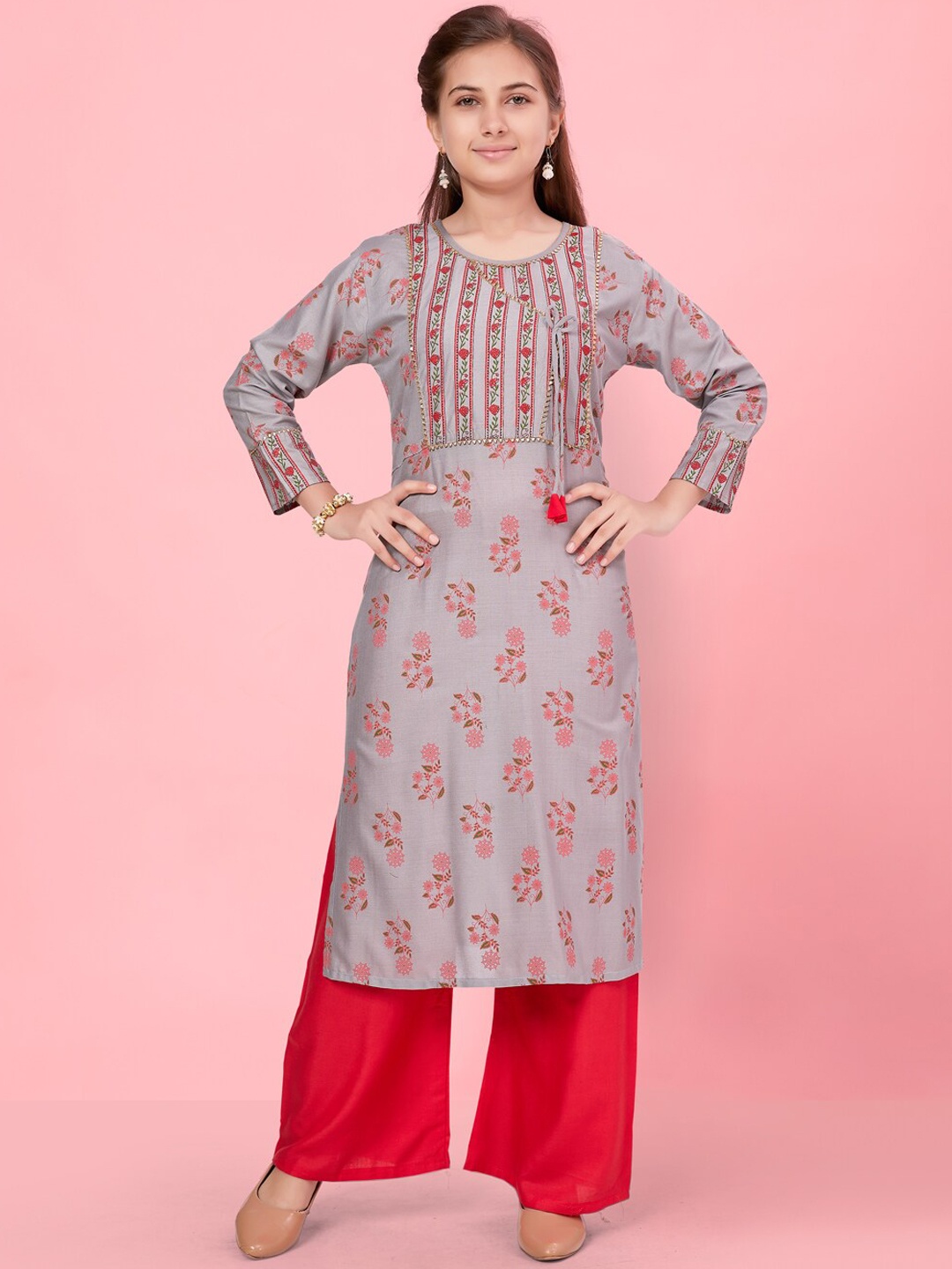 

Aarika Girls Ethnic Motifs Printed Pure Cotton Straight Kurta, Grey