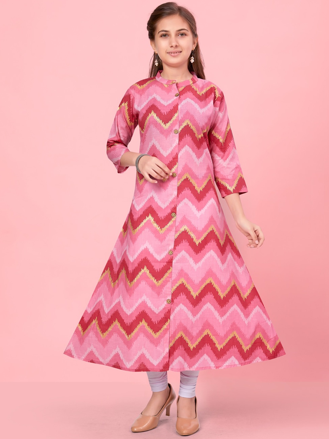 

Aarika Girls Chevron Printed Band Collar A-Line Kurta, Pink