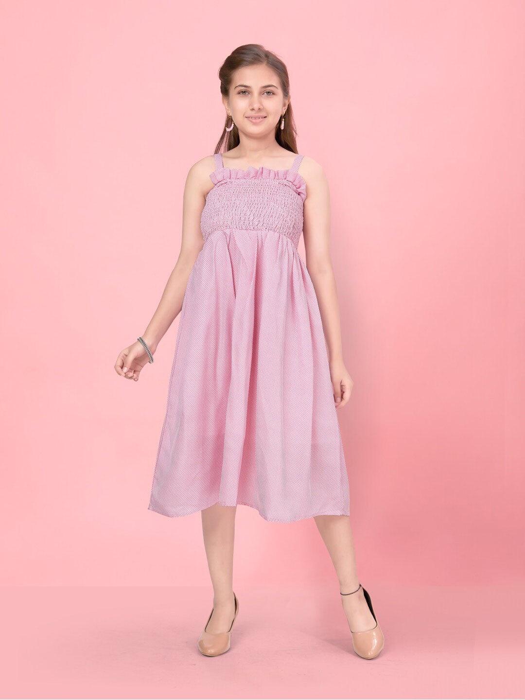 

Aarika Girls Striped Printed Smocked Cotton Fit & Flare Midi Dress, Pink