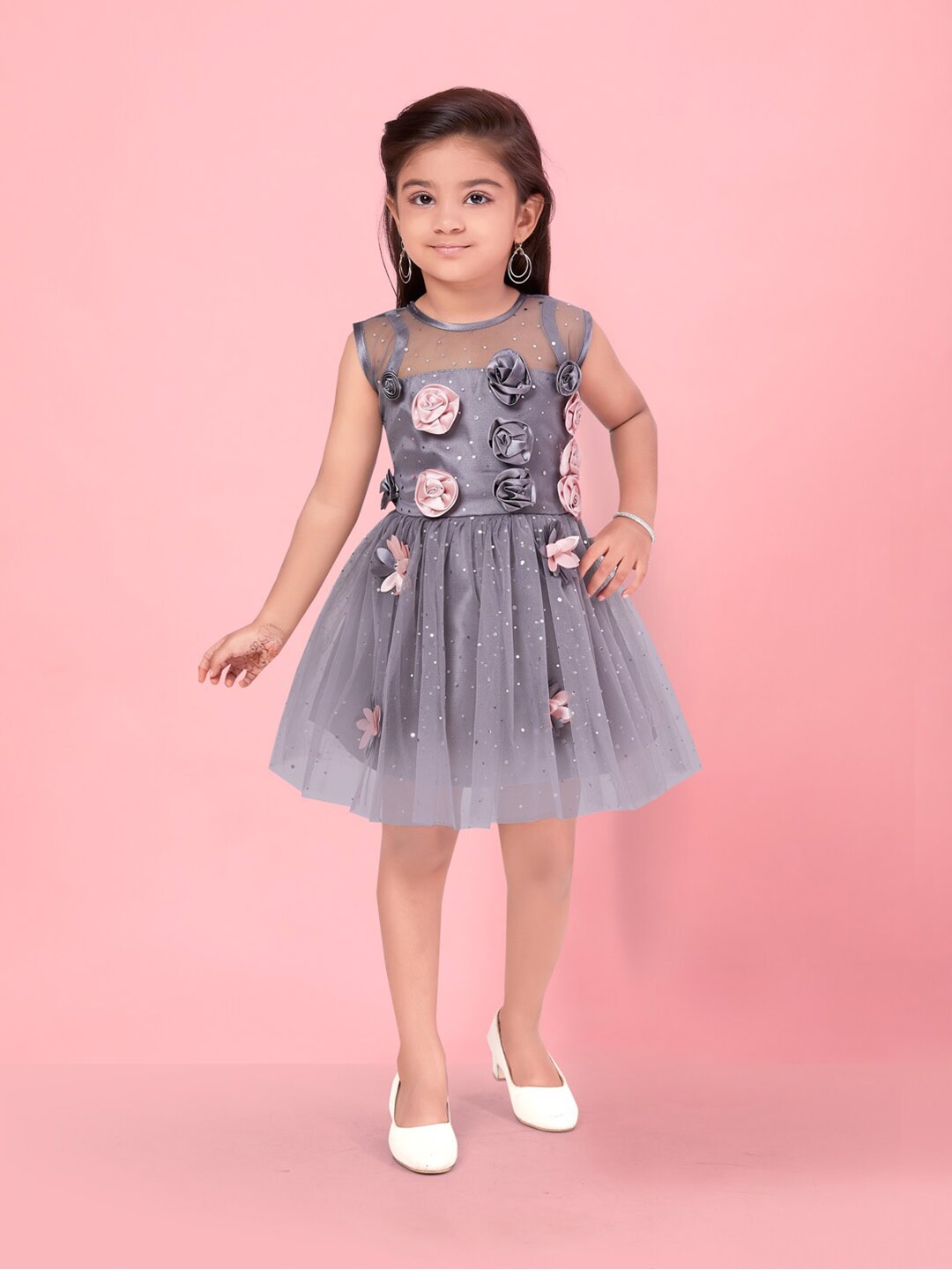 

Aarika Girls Embellished Rose Applique Sleeveless Net Fit & Flare Dress, Grey