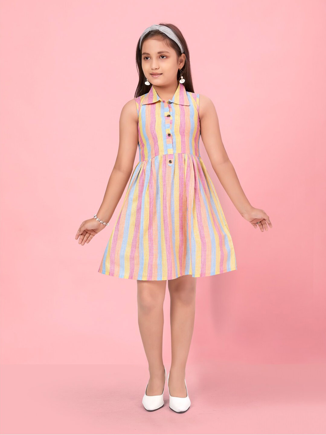 

Aarika Girls Striped Printed Shirt Collar Cotton A-Line Dress, Pink