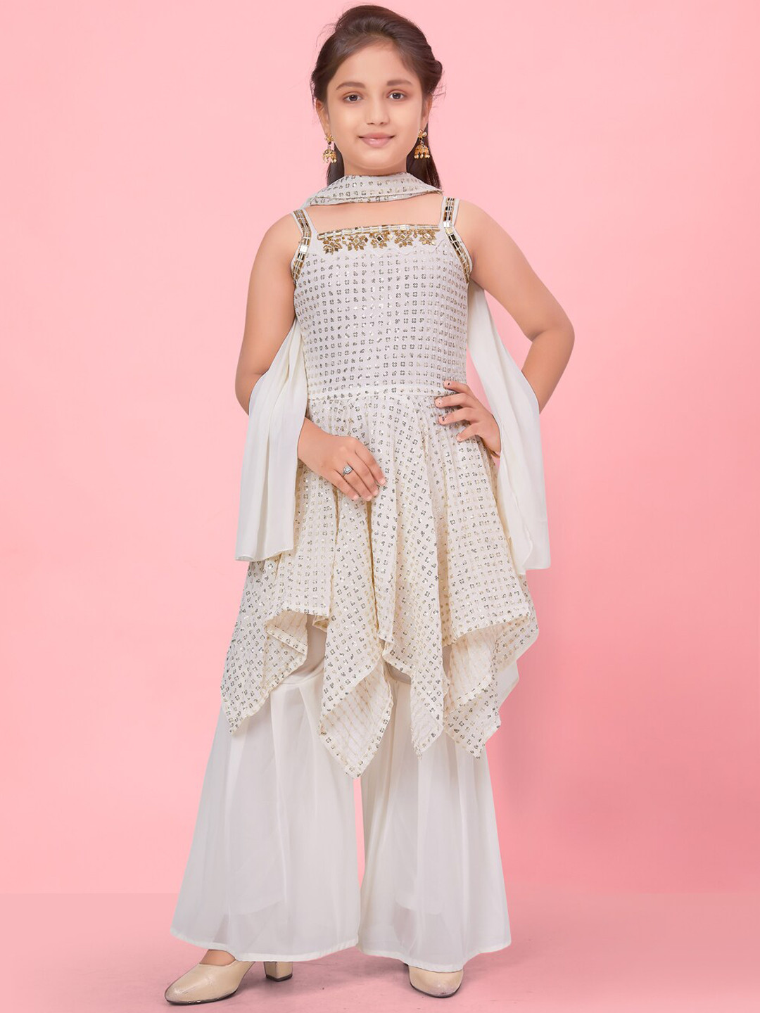 

Aarika Girls Embroidered Sequinned Asymmetric Kurti With Sharara & Dupatta, Cream