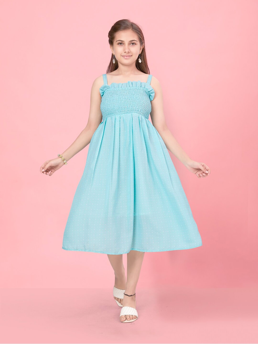 

Aarika Girls Polka Dot Printed Smocked Cotton Fit & Flare Midi Dress, Turquoise blue