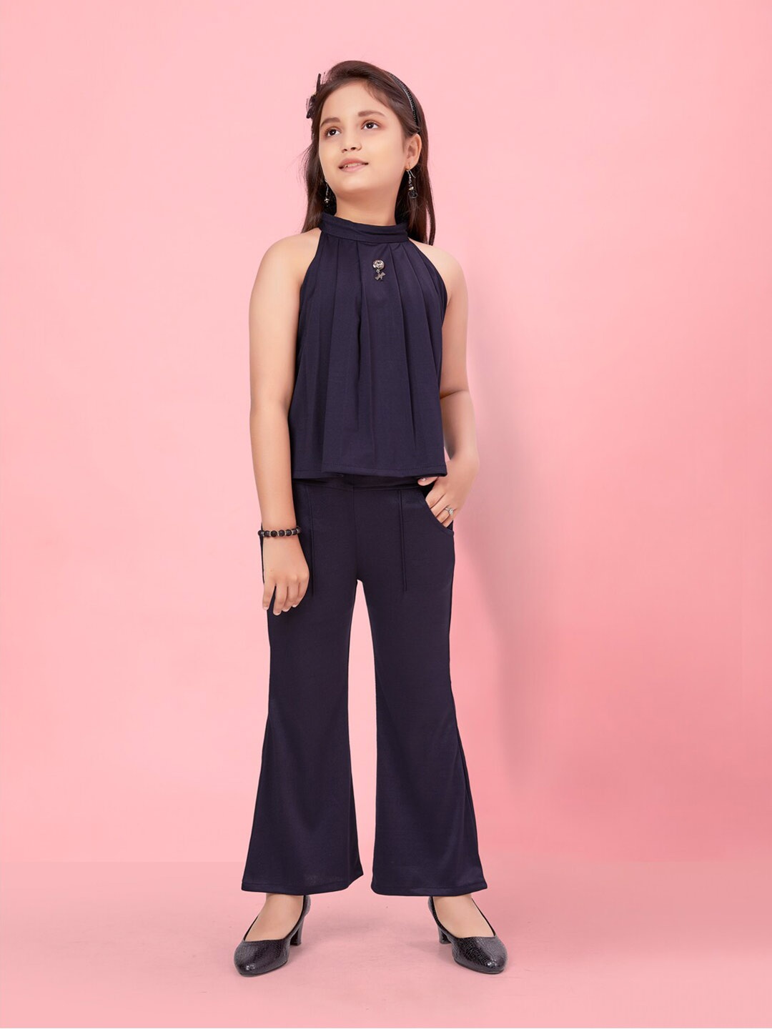 

Aarika Girls Sleeveless Pure Cotton Top With Trousers, Navy blue