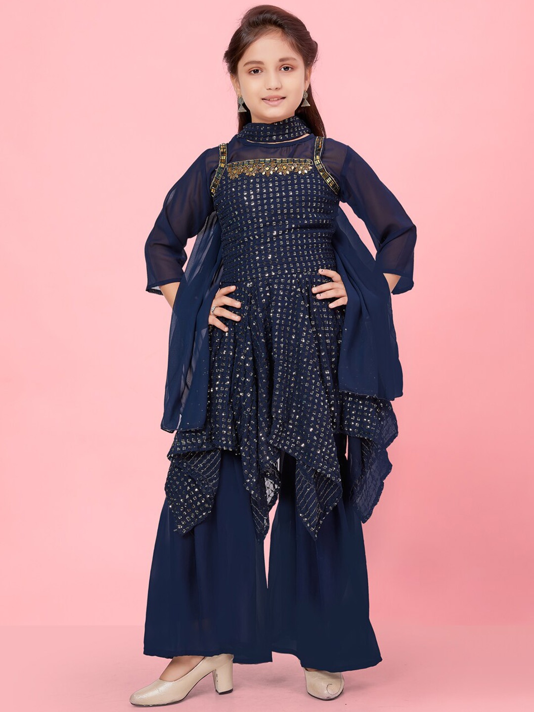 

Aarika Girls Embroidered Sequinned Asymmetric Kurta With Palazzos & Dupatta, Navy blue