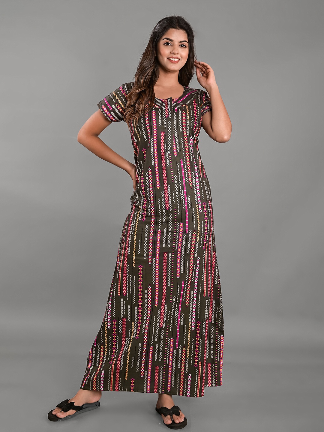 

KALINI Pure Cotton Printed Maxi Nightdress, Khaki