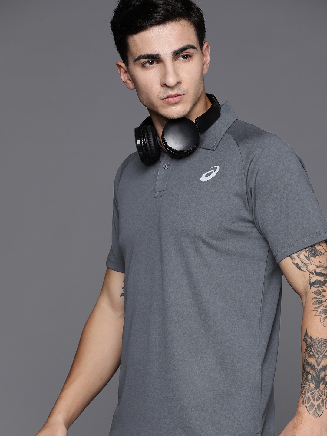

ASICS Men Solid Polo Collar T-shirt, Charcoal