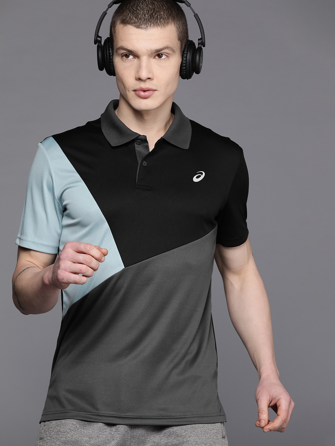 

ASICS Colourblocked Polo Collar Running T-shirt, Black