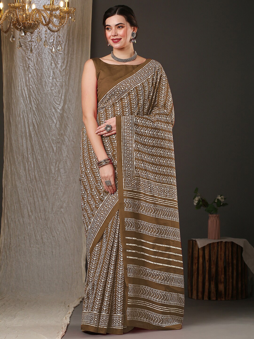 

Anouk Olive Green & White Batik Printed Bhagalpuri Saree, Brown