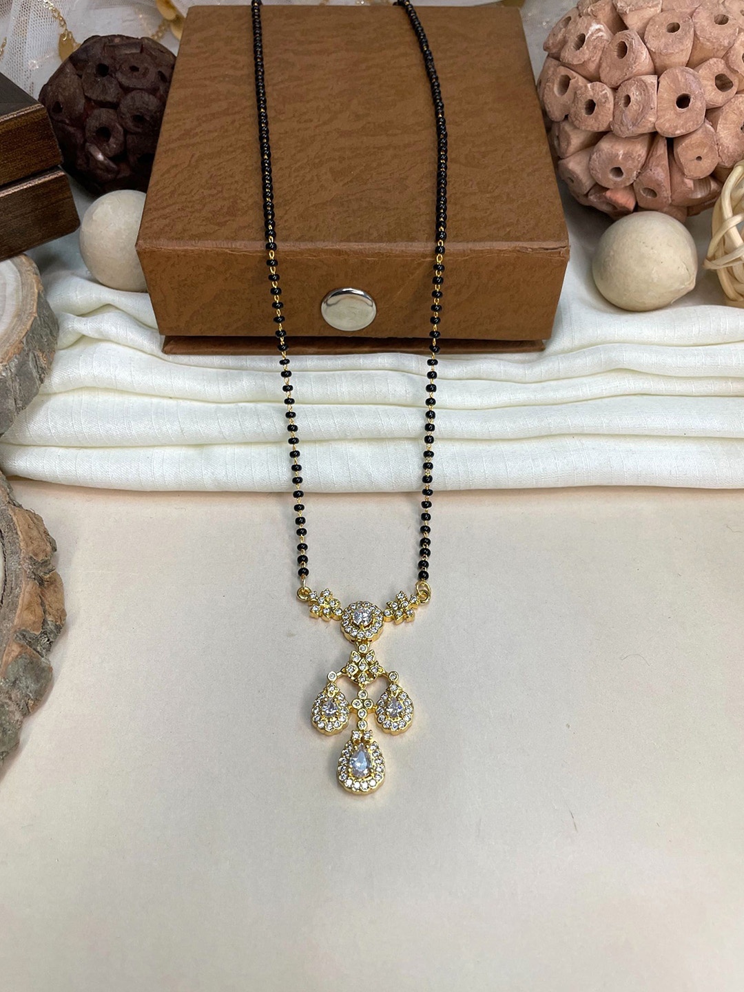 

ABDESIGNS Gold-Plated American Diamond-Studded & Beaded Mangalsutra