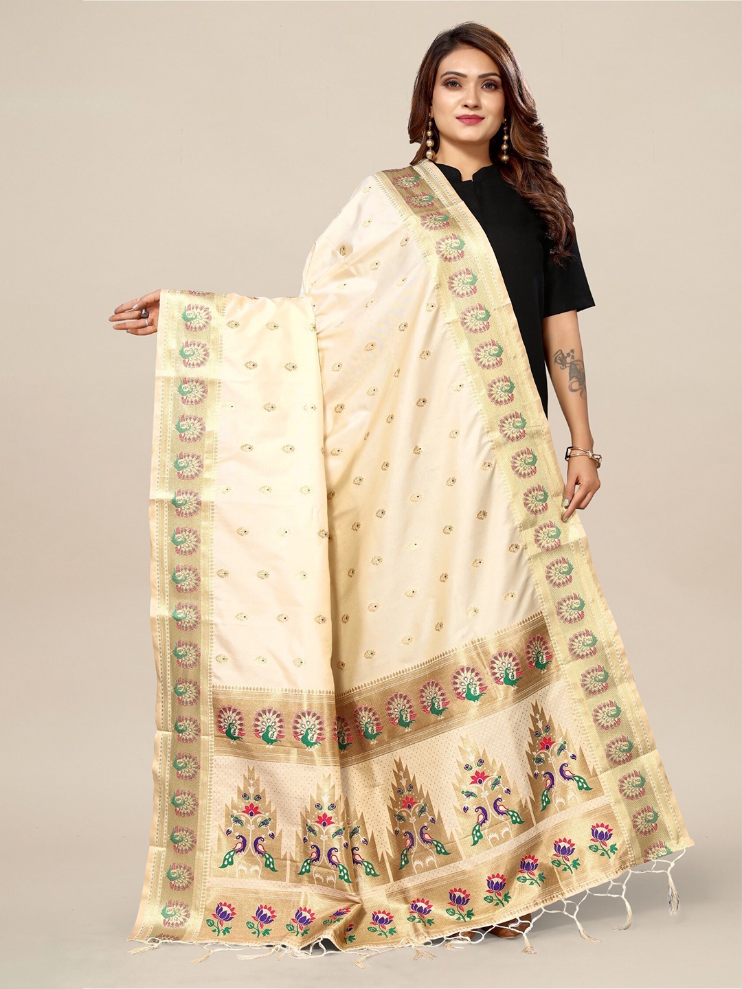 

KALINI Ethnic Motifs Woven Design Banarasi Dupatta With Zari, White
