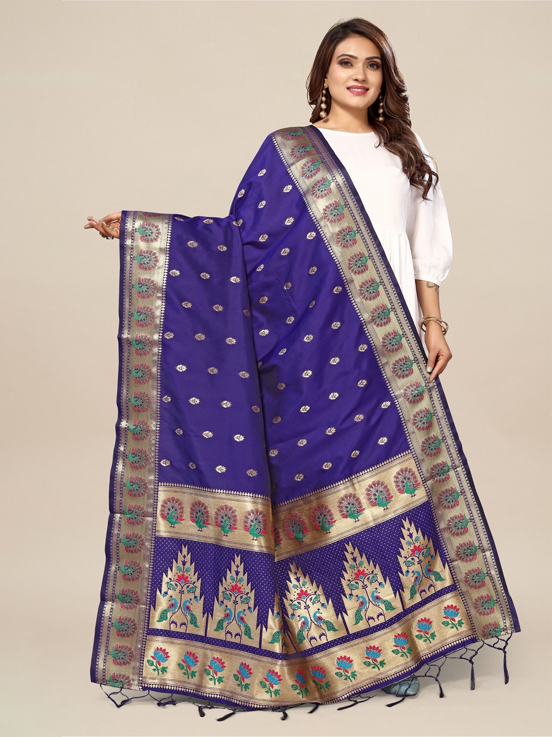 

KALINI Ethnic Motifs Woven Design Banarasi Dupatta With Zari, Blue