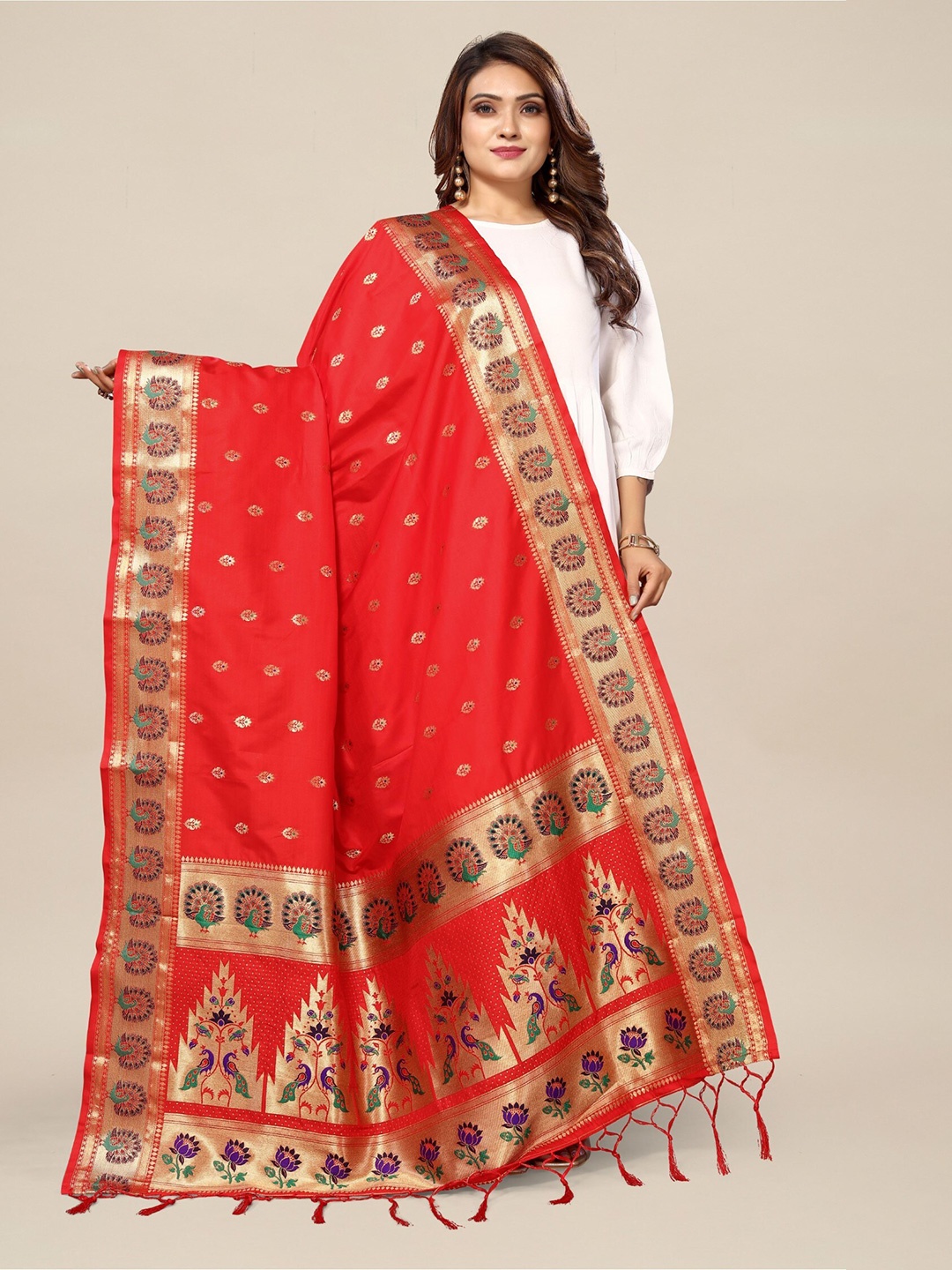

KALINI Ethnic Motifs Woven Design Banarasi Dupatta With Zari, Red
