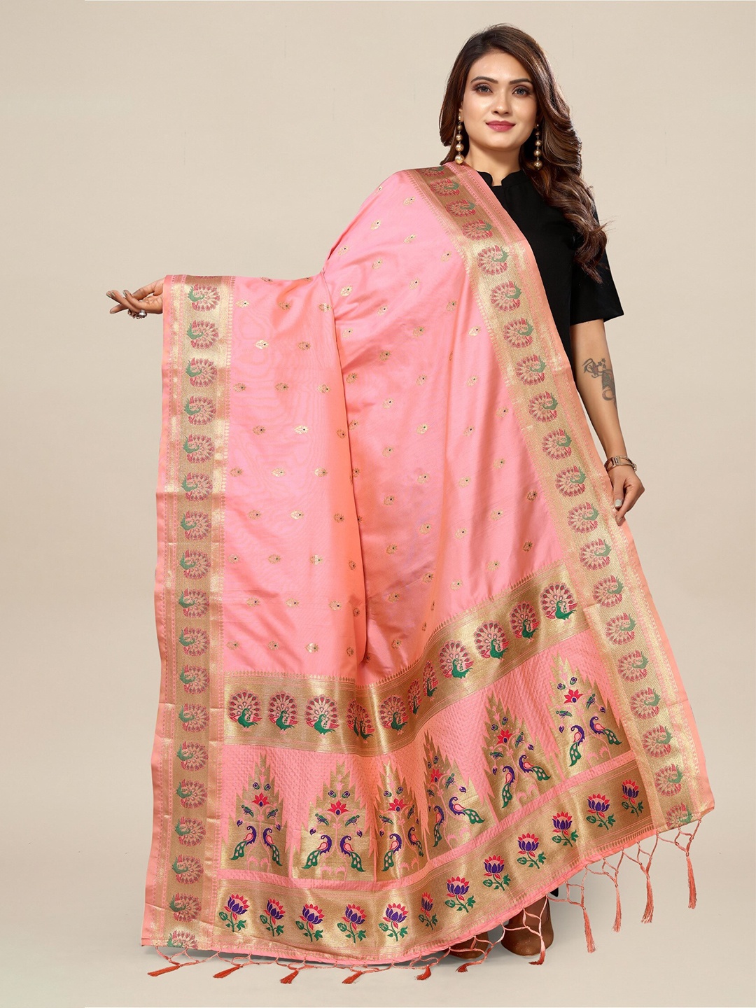 

KALINI Ethnic Motifs Woven Design Banarasi Dupatta With Zari, Pink