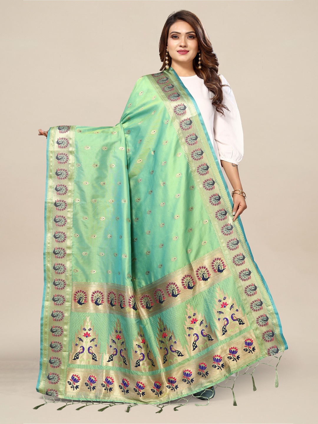 

KALINI Ethnic Motifs Woven Design Banarasi Dupatta With Zari, Green