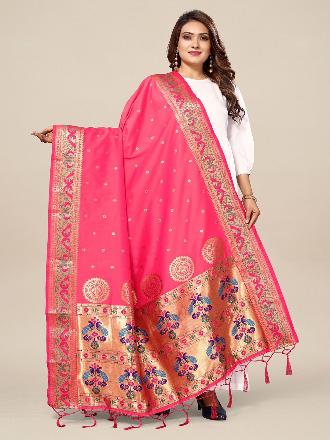 

KALINI Floral Woven Design Zari Dupatta, Pink