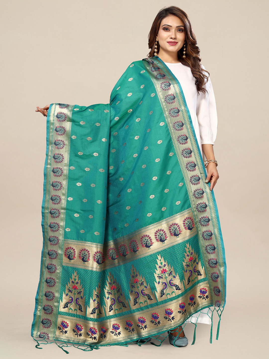 

KALINI Ethnic Motifs Woven Design Banarasi Dupatta With Zari, Teal