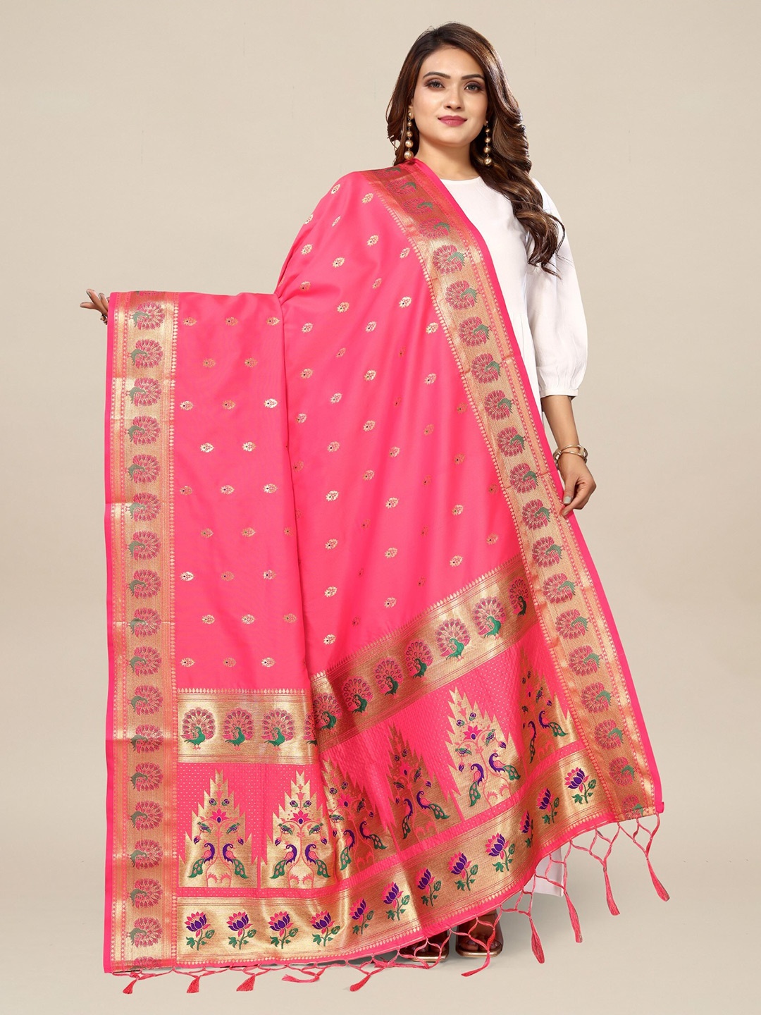 

KALINI Ethnic Motifs Woven Design Banarasi Dupatta With Zari, Pink