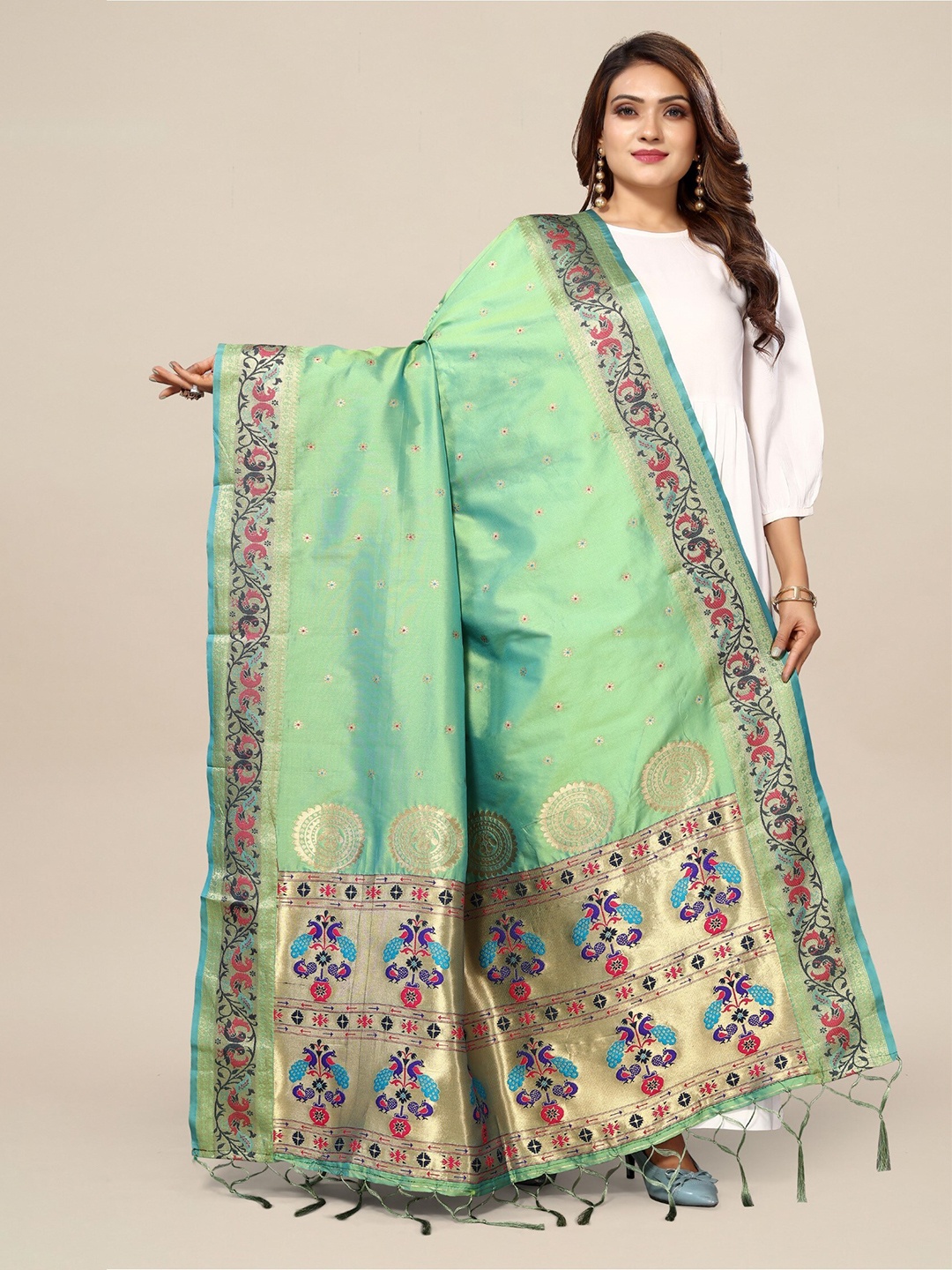 

KALINI Ethnic Motifs Woven Design Banarasi Dupatta With Zari, Green