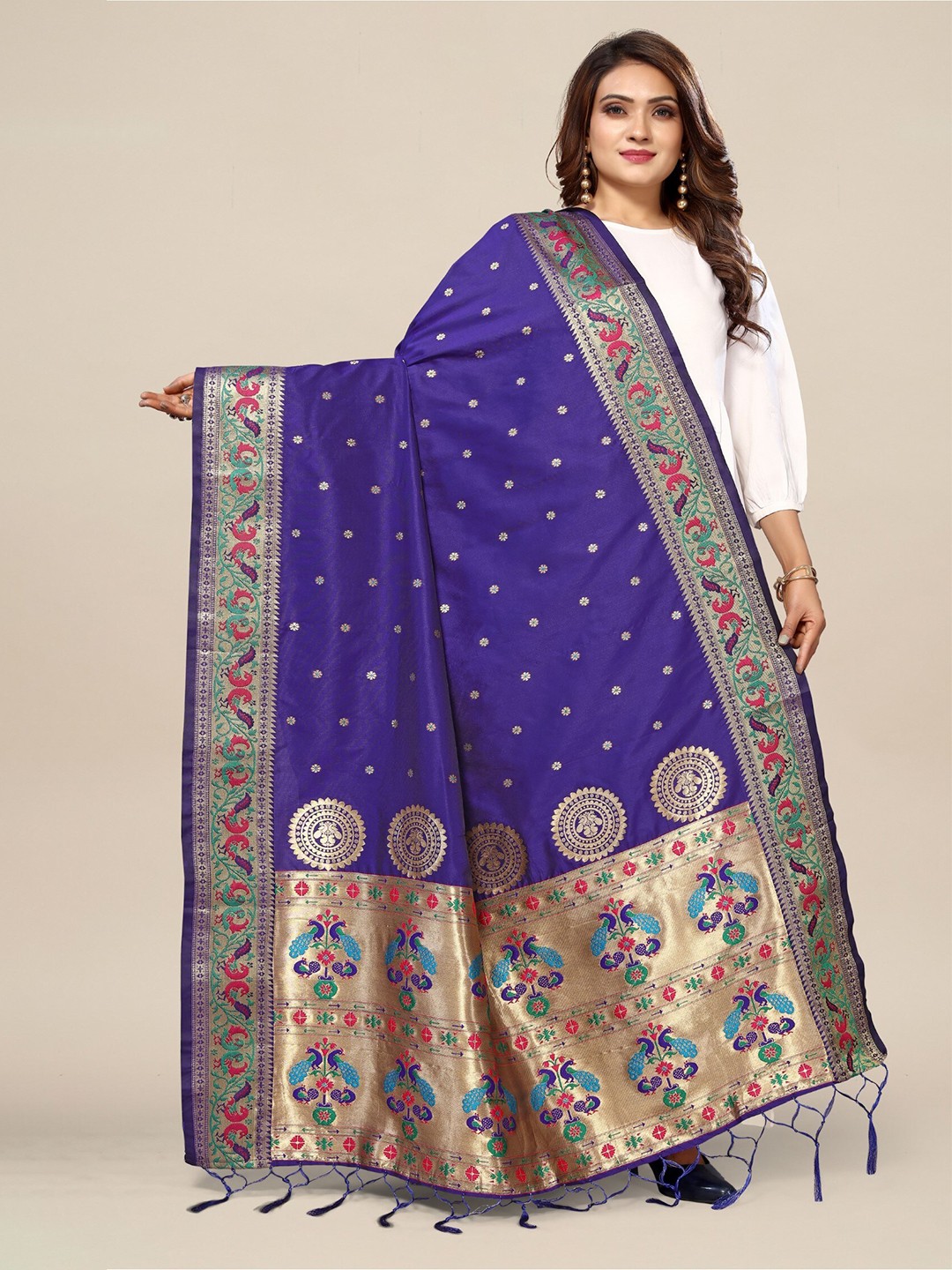

KALINI Ethnic Motifs Woven Design Banarasi Dupatta With Zari, Blue