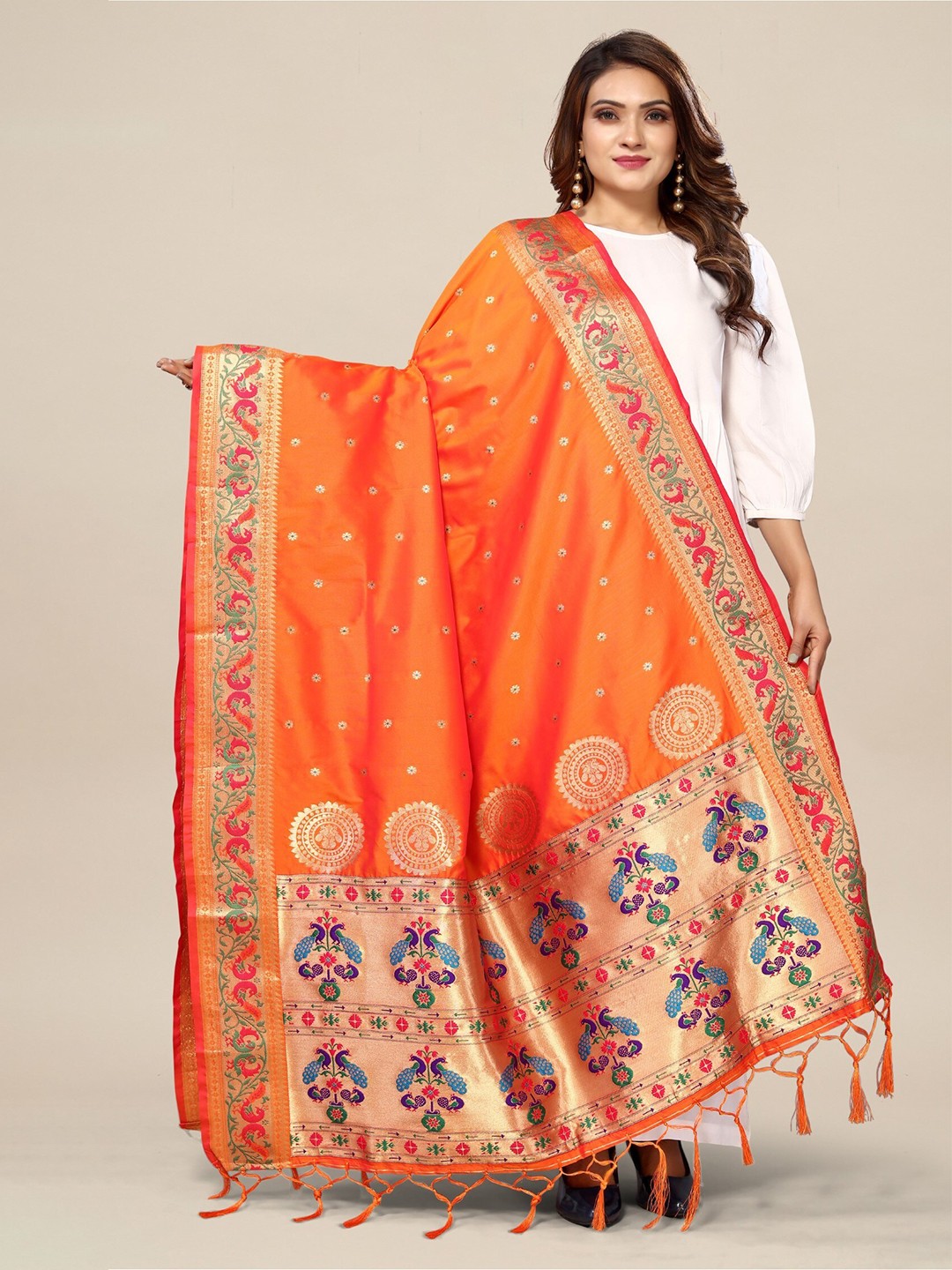 

KALINI Ethnic Motifs Woven Design Banarasi Dupatta With Zari, Orange