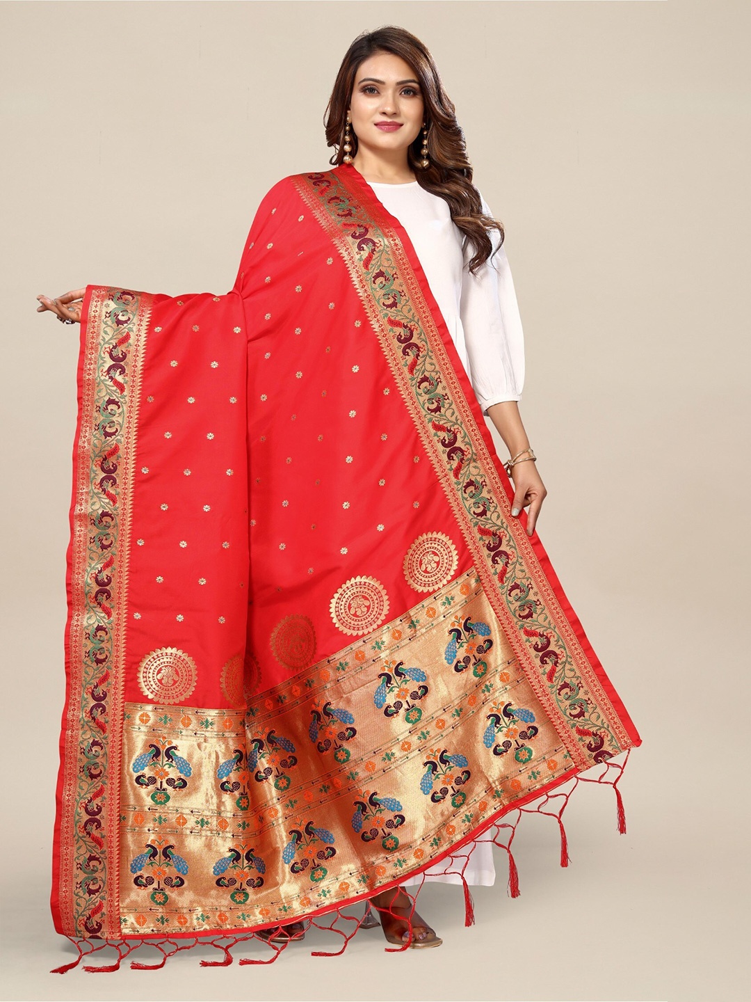 

KALINI Ethnic Motifs Woven Design Banarasi Dupatta With Zari, Red