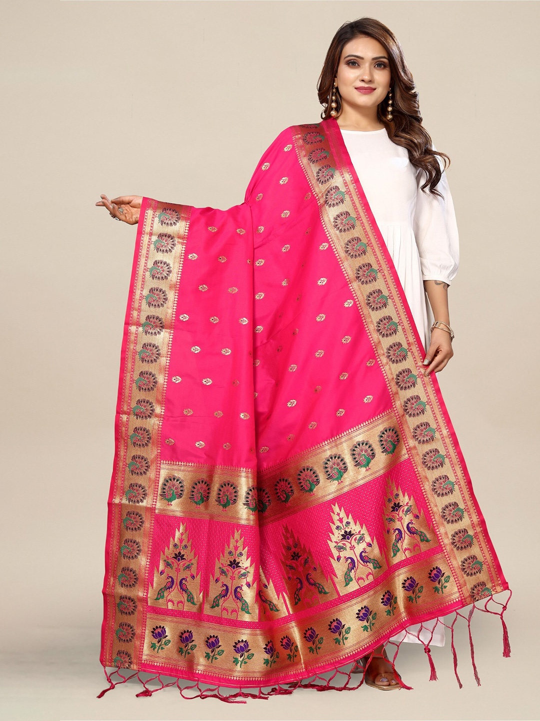 

KALINI Floral Woven Design Zari Dupatta, Pink
