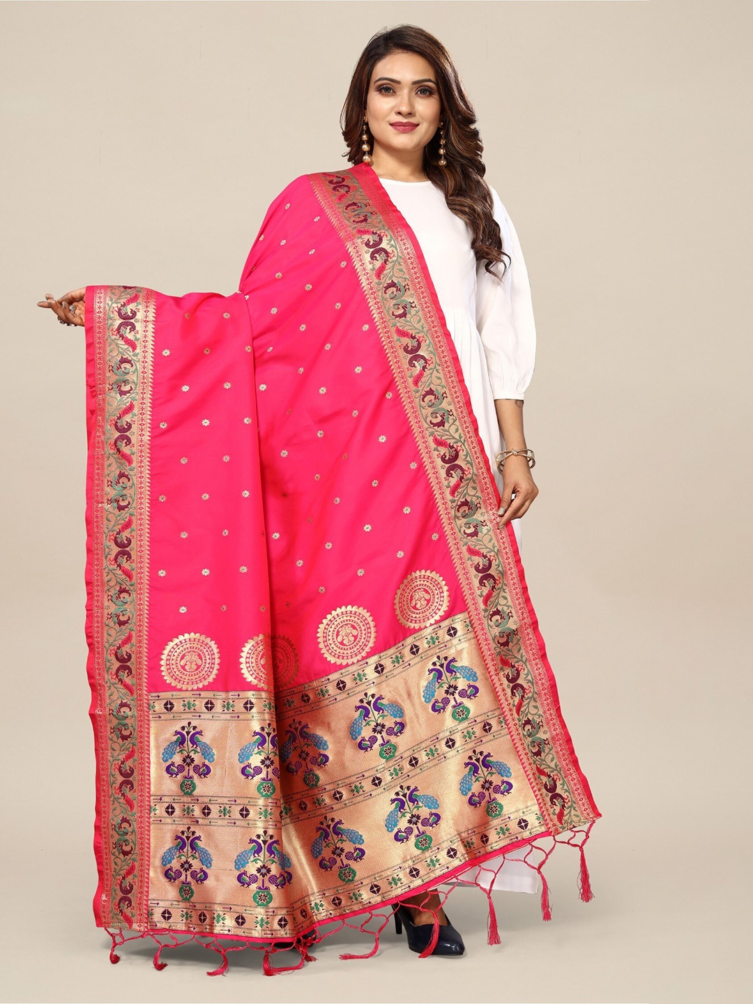 

KALINI Ethnic Motifs Woven Design Banarasi Dupatta With Zari, Pink