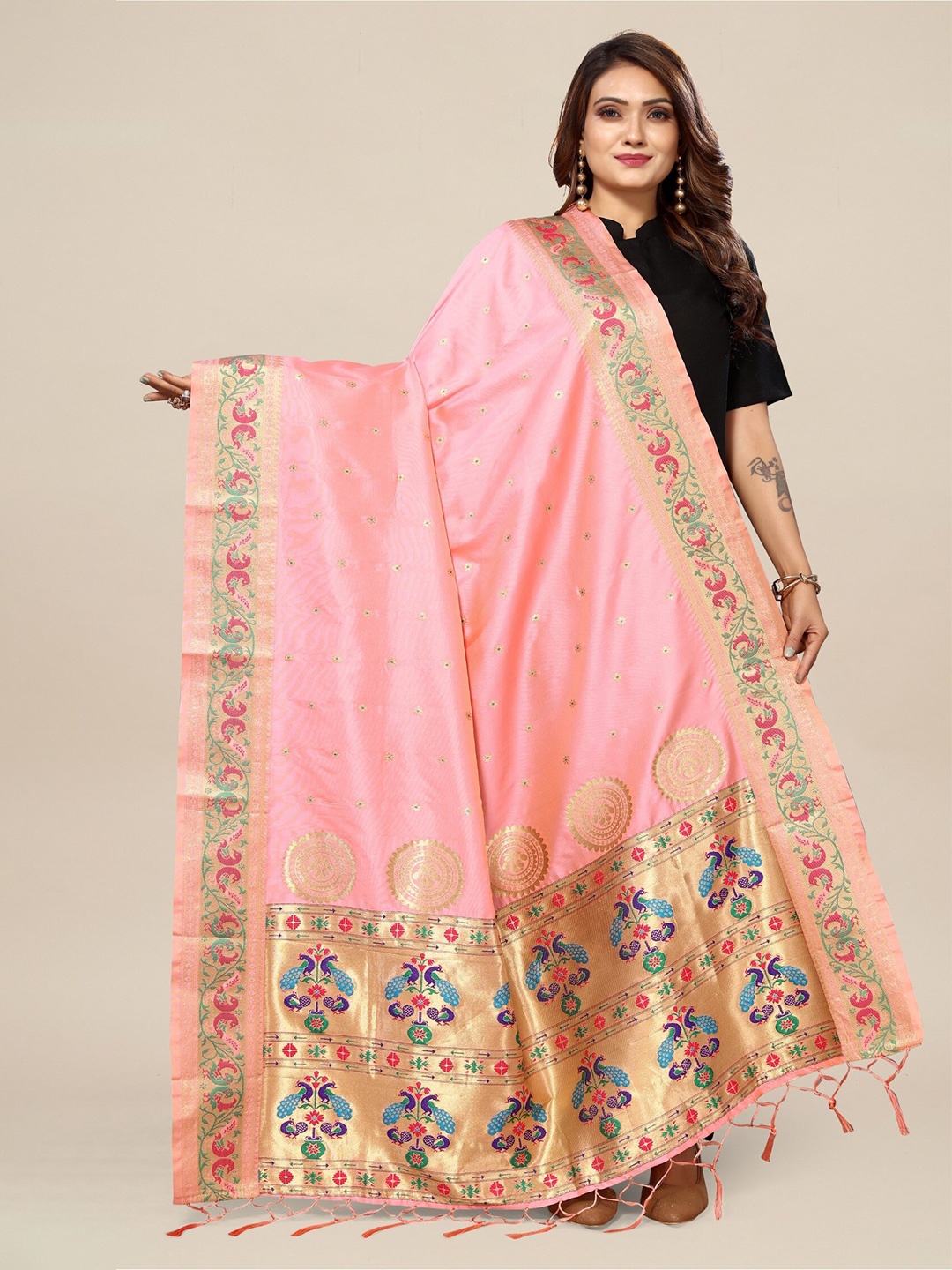 

KALINI Ethnic Motif Woven Design Zari Dupatta, Pink